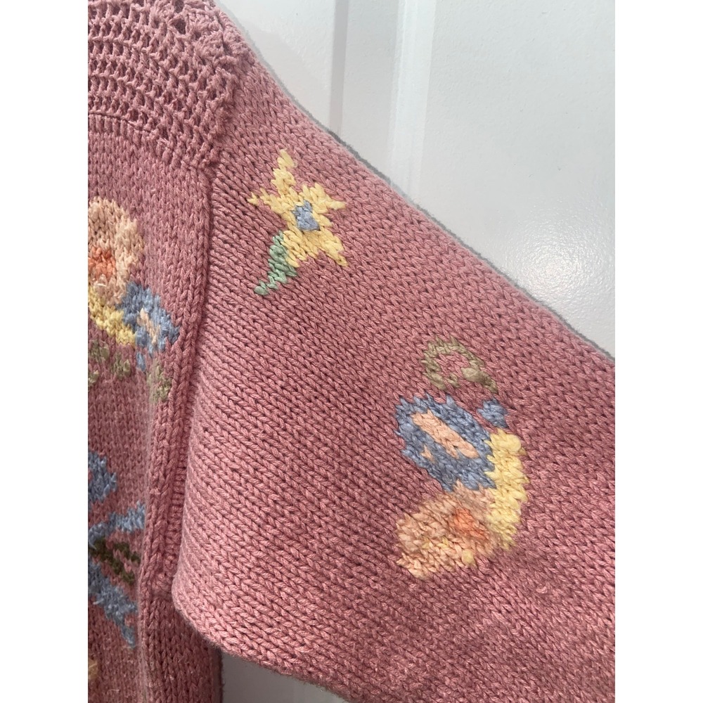 Melbourne Elements Hand Knit Floral Sweater Pink Crochet Trim Ramie Cotton Small - Picture 5 of 6
